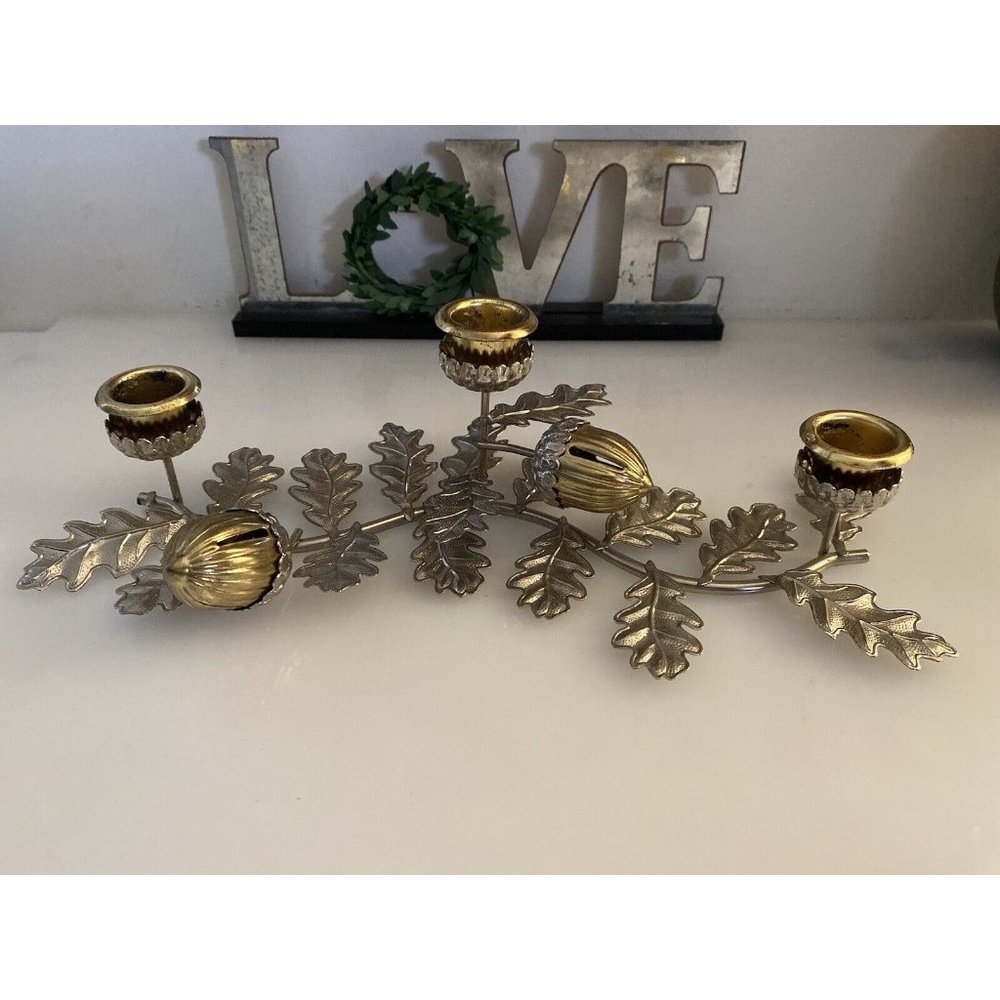 Silver & Gold Tone Horizontal Candlestick Stick Holder Leaf‎ w Hazelnut Design